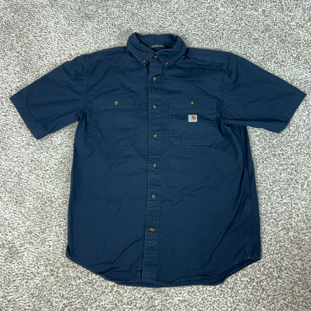 Carhartt Shirt Mens Medium Blue Work Stretch Canvas Button Down Rugged Windham